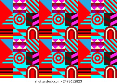 Retro futuristic vector pattern with geometric shapes. Simple form and a figure. Colorful Bauhaus background. Vintage graphics from 1980. 70s, 80s, 90s stile. Abstract design in the Scandinavian style