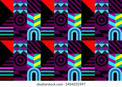 Retro futuristic vector pattern with geometric shapes. Simple form and a figure. Colorful Bauhaus background. Vintage graphics from 1980. 70s, 80s, 90s stile. Abstract design in the Scandinavian style