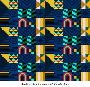 Retro futuristic vector pattern with geometric shapes. Simple form and a figure. Colorful Bauhaus background. Vintage graphics from 1980. 70s, 80s, 90s stile. Abstract design in the Scandinavian style