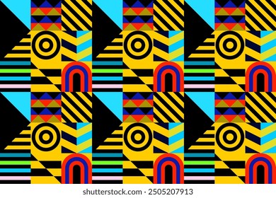 Retro futuristic vector pattern with geometric shapes. Simple form and a figure. Colorful Bauhaus background. Vintage graphics from 1980. 70s, 80s, 90s stile. Abstract design in the Scandinavian style