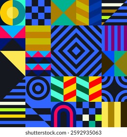 Retro futuristic vector pattern with geometric shapes. Simple form and a figure. Colorful Bauhaus background. Vintage graphics from 1980. 70s, 80s, 90s stile. Abstract design in the Scandinavian style