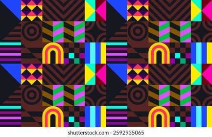 Retro futuristic vector pattern with geometric shapes. Simple form and a figure. Colorful Bauhaus background. Vintage graphics from 1980. 70s, 80s, 90s stile. Abstract design in the Scandinavian style