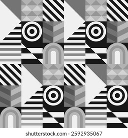 Retro futuristic vector pattern with geometric shapes. Simple form and a figure. Colorful Bauhaus background. Vintage graphics from 1980. 70s, 80s, 90s stile. Abstract design in the Scandinavian style