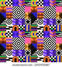 Retro futuristic vector pattern with geometric shapes. Simple form and a figure. Colorful Bauhaus background. Vintage graphics from 1980. 70s, 80s, 90s stile. Abstract design in the Scandinavian style