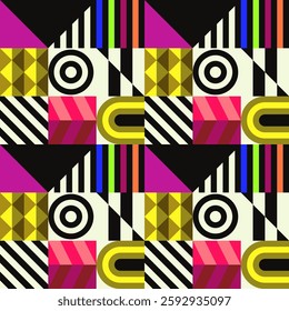 Retro futuristic vector pattern with geometric shapes. Simple form and a figure. Colorful Bauhaus background. Vintage graphics from 1980. 70s, 80s, 90s stile. Abstract design in the Scandinavian style