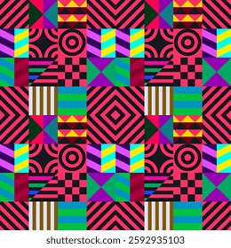 Retro futuristic vector pattern with geometric shapes. Simple form and a figure. Colorful Bauhaus background. Vintage graphics from 1980. 70s, 80s, 90s stile. Abstract design in the Scandinavian style