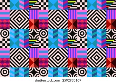 Retro futuristic vector pattern with geometric shapes. Simple form and a figure. Colorful Bauhaus background. Vintage graphics from 1980. 70s, 80s, 90s stile. Abstract design in the Scandinavian style
