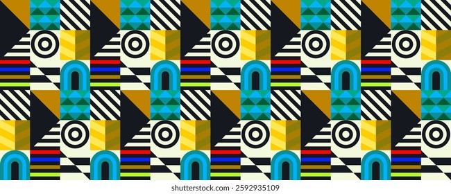 Retro futuristic vector pattern with geometric shapes. Simple form and a figure. Colorful Bauhaus background. Vintage graphics from 1980. 70s, 80s, 90s stile. Abstract design in the Scandinavian style