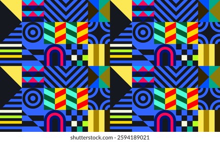 Retro futuristic vector pattern with geometric shapes. Simple form and a figure. Colorful Bauhaus background. Vintage graphics from 1980. 70s, 80s, 90s stile. Abstract design in the Scandinavian style