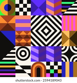 Retro futuristic vector pattern with geometric shapes. Simple form and a figure. Colorful Bauhaus background. Vintage graphics from 1980. 70s, 80s, 90s stile. Abstract design in the Scandinavian style