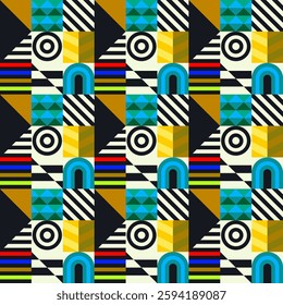 Retro futuristic vector pattern with geometric shapes. Simple form and a figure. Colorful Bauhaus background. Vintage graphics from 1980. 70s, 80s, 90s stile. Abstract design in the Scandinavian style