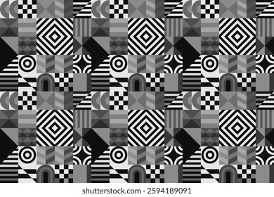 Retro futuristic vector pattern with geometric shapes. Simple form and a figure. Colorful Bauhaus background. Vintage graphics from 1980. 70s, 80s, 90s stile. Abstract design in the Scandinavian style