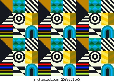Retro futuristic vector pattern with geometric shapes. Simple form and a figure. Colorful Bauhaus background. Vintage graphics from 1980. 70s, 80s, 90s stile. Abstract design in the Scandinavian style