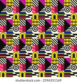 Retro futuristic vector pattern with geometric shapes. Simple form and a figure. Colorful Bauhaus background. Vintage graphics from 1980. 70s, 80s, 90s stile. Abstract design in the Scandinavian style