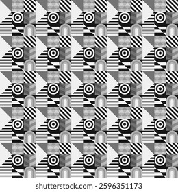 Retro futuristic vector pattern with geometric shapes. Simple form and a figure. Colorful Bauhaus background. Vintage graphics from 1980. 70s, 80s, 90s stile. Abstract design in the Scandinavian style