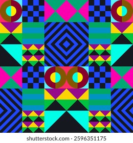 Retro futuristic vector pattern with geometric shapes. Simple form and a figure. Colorful Bauhaus background. Vintage graphics from 1980. 70s, 80s, 90s stile. Abstract design in the Scandinavian style