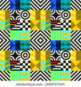 Retro futuristic vector pattern with geometric shapes. Simple form and a figure. Colorful Bauhaus background. Vintage graphics from 1980. 70s, 80s, 90s stile. Abstract design in the Scandinavian style
