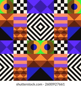 Retro futuristic vector pattern with geometric shapes. Simple form and a figure. Colorful Bauhaus background. Vintage graphics from 1980. 70s, 80s, 90s stile. Abstract design in the Scandinavian style