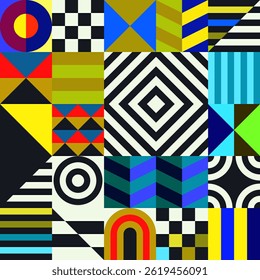 Retro futuristic vector pattern with geometric shapes. Simple form and a figure. Colorful Bauhaus background. Vintage graphics from 1980. 70s, 80s, 90s stile. Abstract design in the Scandinavian style