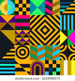 Retro futuristic vector pattern with geometric shapes. Simple form and a figure. Colorful Bauhaus background. Vintage graphics from 1980. 70s, 80s, 90s stile. Abstract design in the Scandinavian style