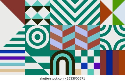 Retro futuristic vector pattern with geometric shapes. Simple form and a figure. Colorful Bauhaus background. Vintage graphics from 1980. 70s, 80s, 90s stile. Abstract design in the Scandinavian style