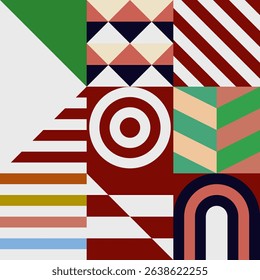 Retro futuristic vector pattern with geometric shapes. Simple form and a figure. Colorful Bauhaus background. Vintage graphics from 1980. 70s, 80s, 90s stile. Abstract design in the Scandinavian style