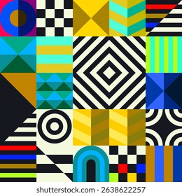 Retro futuristic vector pattern with geometric shapes. Simple form and a figure. Colorful Bauhaus background. Vintage graphics from 1980. 70s, 80s, 90s stile. Abstract design in the Scandinavian style