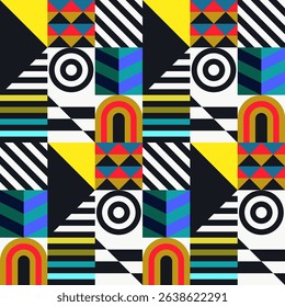 Retro futuristic vector pattern with geometric shapes. Simple form and a figure. Colorful Bauhaus background. Vintage graphics from 1980. 70s, 80s, 90s stile. Abstract design in the Scandinavian style