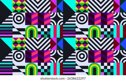 Retro futuristic vector pattern with geometric shapes. Simple form and a figure. Colorful Bauhaus background. Vintage graphics from 1980. 70s, 80s, 90s stile. Abstract design in the Scandinavian style