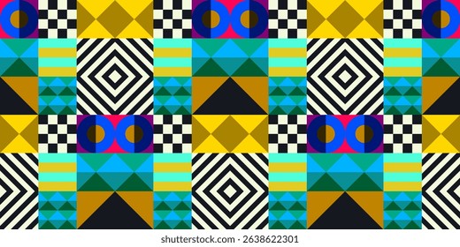 Retro futuristic vector pattern with geometric shapes. Simple form and a figure. Colorful Bauhaus background. Vintage graphics from 1980. 70s, 80s, 90s stile. Abstract design in the Scandinavian style
