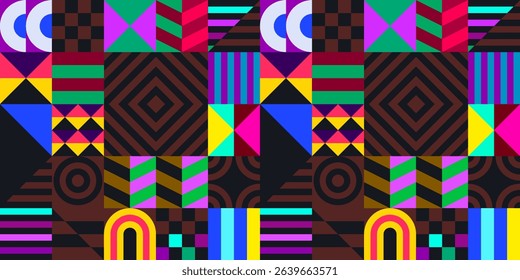Retro futuristic vector pattern with geometric shapes. Simple form and a figure. Colorful Bauhaus background. Vintage graphics from 1980. 70s, 80s, 90s stile. Abstract design in the Scandinavian style