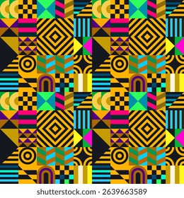 Retro futuristic vector pattern with geometric shapes. Simple form and a figure. Colorful Bauhaus background. Vintage graphics from 1980. 70s, 80s, 90s stile. Abstract design in the Scandinavian style