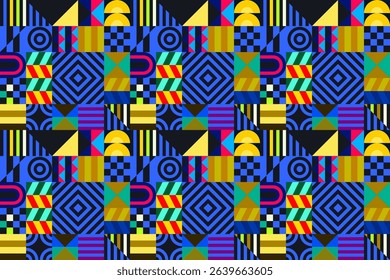 Retro futuristic vector pattern with geometric shapes. Simple form and a figure. Colorful Bauhaus background. Vintage graphics from 1980. 70s, 80s, 90s stile. Abstract design in the Scandinavian style