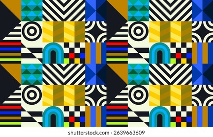 Retro futuristic vector pattern with geometric shapes. Simple form and a figure. Colorful Bauhaus background. Vintage graphics from 1980. 70s, 80s, 90s stile. Abstract design in the Scandinavian style