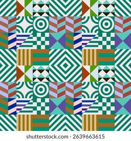 Retro futuristic vector pattern with geometric shapes. Simple form and a figure. Colorful Bauhaus background. Vintage graphics from 1980. 70s, 80s, 90s stile. Abstract design in the Scandinavian style