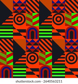 Retro futuristic vector pattern with geometric shapes. Simple form and a figure. Colorful Bauhaus background. Vintage graphics from 1980. 70s, 80s, 90s stile. Abstract design in the Scandinavian style