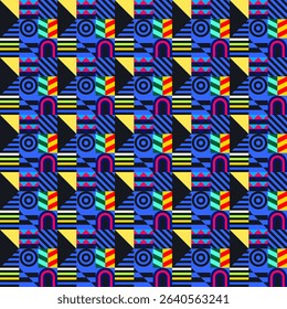 Retro futuristic vector pattern with geometric shapes. Simple form and a figure. Colorful Bauhaus background. Vintage graphics from 1980. 70s, 80s, 90s stile. Abstract design in the Scandinavian style