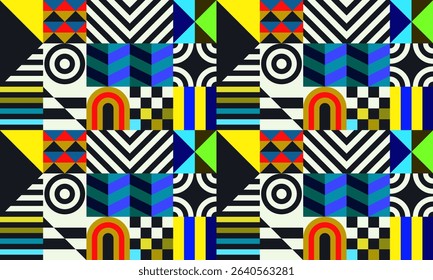 Retro futuristic vector pattern with geometric shapes. Simple form and a figure. Colorful Bauhaus background. Vintage graphics from 1980. 70s, 80s, 90s stile. Abstract design in the Scandinavian style