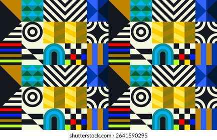 Retro futuristic vector pattern with geometric shapes. Simple form and a figure. Colorful Bauhaus background. Vintage graphics from 1980. 70s, 80s, 90s stile. Abstract design in the Scandinavian style