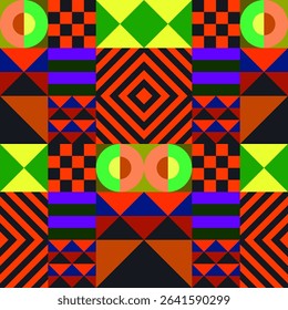 Retro futuristic vector pattern with geometric shapes. Simple form and a figure. Colorful Bauhaus background. Vintage graphics from 1980. 70s, 80s, 90s stile. Abstract design in the Scandinavian style