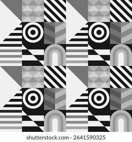 Retro futuristic vector pattern with geometric shapes. Simple form and a figure. Colorful Bauhaus background. Vintage graphics from 1980. 70s, 80s, 90s stile. Abstract design in the Scandinavian style