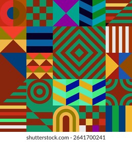 Retro futuristic vector pattern with geometric shapes. Simple form and a figure. Colorful Bauhaus background. Vintage graphics from 1980. 70s, 80s, 90s stile. Abstract design in the Scandinavian style