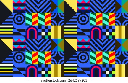 Retro futuristic vector pattern with geometric shapes. Simple form and a figure. Colorful Bauhaus background. Vintage graphics from 1980. 70s, 80s, 90s stile. Abstract design in the Scandinavian style