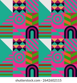 Retro futuristic vector pattern with geometric shapes. Simple form and a figure. Colorful Bauhaus background. Vintage graphics from 1980. 70s, 80s, 90s stile. Abstract design in the Scandinavian style