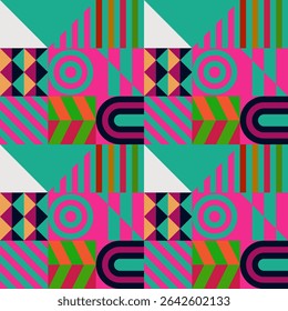 Retro futuristic vector pattern with geometric shapes. Simple form and a figure. Colorful Bauhaus background. Vintage graphics from 1980. 70s, 80s, 90s stile. Abstract design in the Scandinavian style