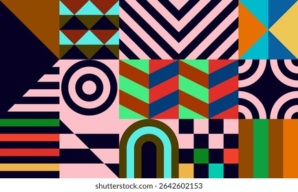 Retro futuristic vector pattern with geometric shapes. Simple form and a figure. Colorful Bauhaus background. Vintage graphics from 1980. 70s, 80s, 90s stile. Abstract design in the Scandinavian style