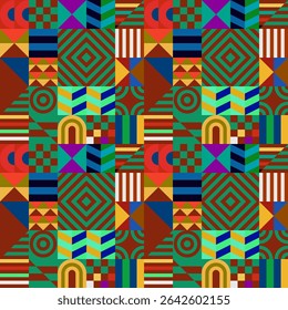 Retro futuristic vector pattern with geometric shapes. Simple form and a figure. Colorful Bauhaus background. Vintage graphics from 1980. 70s, 80s, 90s stile. Abstract design in the Scandinavian style
