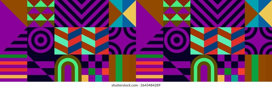 Retro futuristic vector pattern with geometric shapes. Simple form and a figure. Colorful Bauhaus background. Vintage graphics from 1980. 70s, 80s, 90s stile. Abstract design in the Scandinavian style