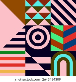 Retro futuristic vector pattern with geometric shapes. Simple form and a figure. Colorful Bauhaus background. Vintage graphics from 1980. 70s, 80s, 90s stile. Abstract design in the Scandinavian style