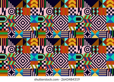 Retro futuristic vector pattern with geometric shapes. Simple form and a figure. Colorful Bauhaus background. Vintage graphics from 1980. 70s, 80s, 90s stile. Abstract design in the Scandinavian style